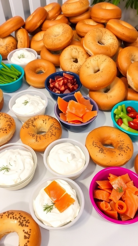 A colorful bagel bar with assorted bagels, cream cheese, smoked salmon, and fresh vegetables.